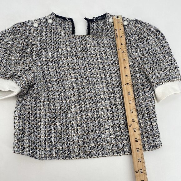 ZARA WOMEN’S SIZE SMALL TWEED BLOUSE TOP WITH FAUX PEARL *MISSING BUTTON* - Picture 10 of 14
